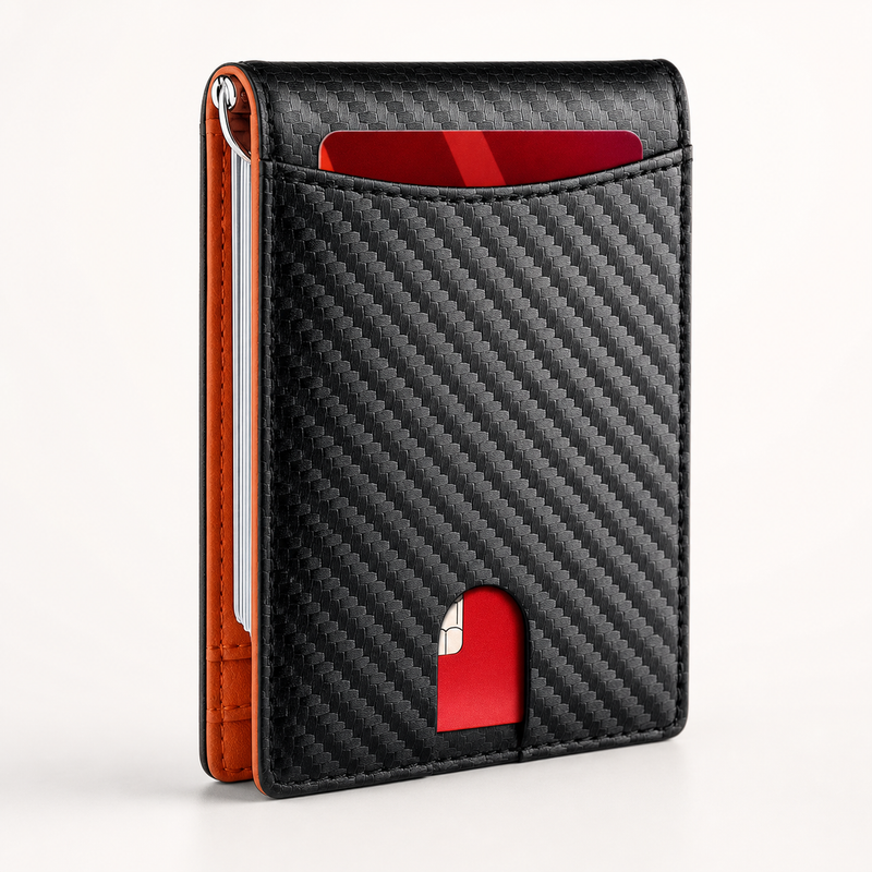 Portafoglio slim RFID con fermasoldi — vista hero frontale