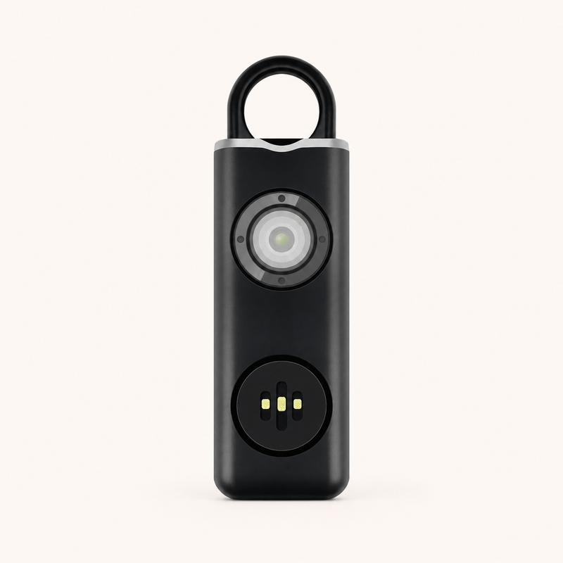 Allarme personale a strappo nero con torcia LED, vista frontale
