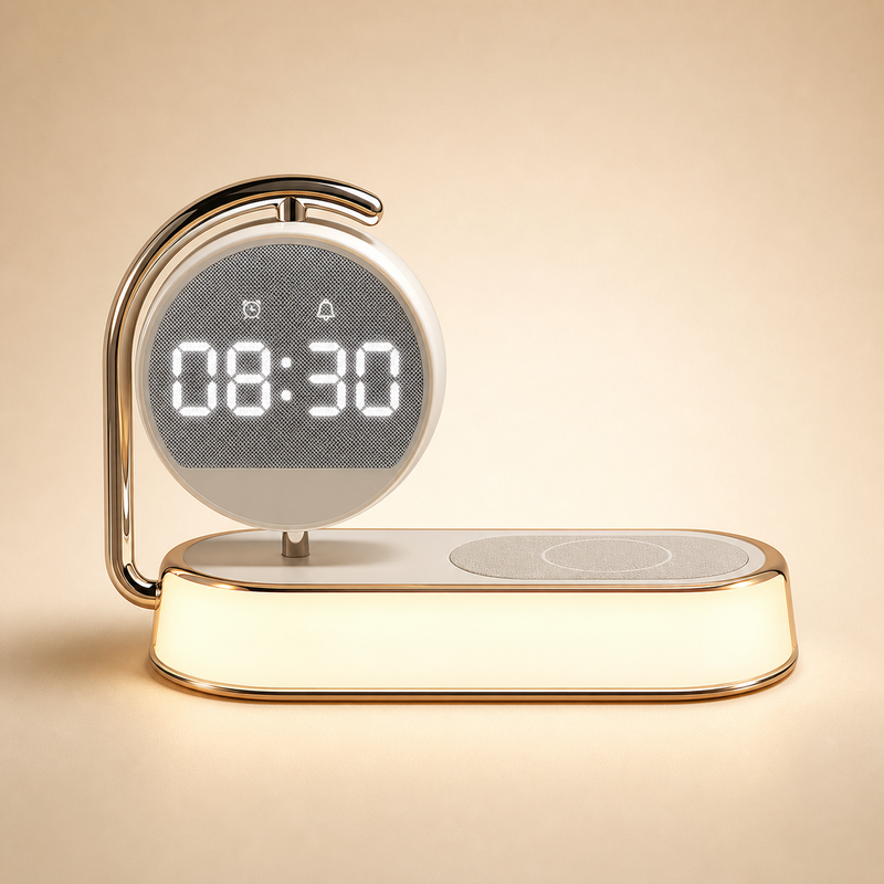 Lampada da comodino 3-in-1 con orologio LED e ricarica wireless, vista frontale