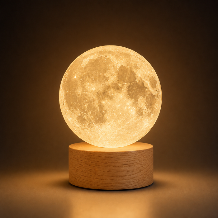 Lampada luna 3D Dagrox con base in legno - vista frontale premium