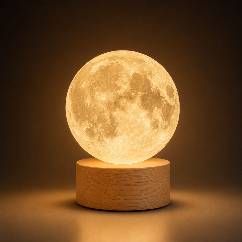 Lampada luna 3D Dagrox con base in legno - vista frontale premium