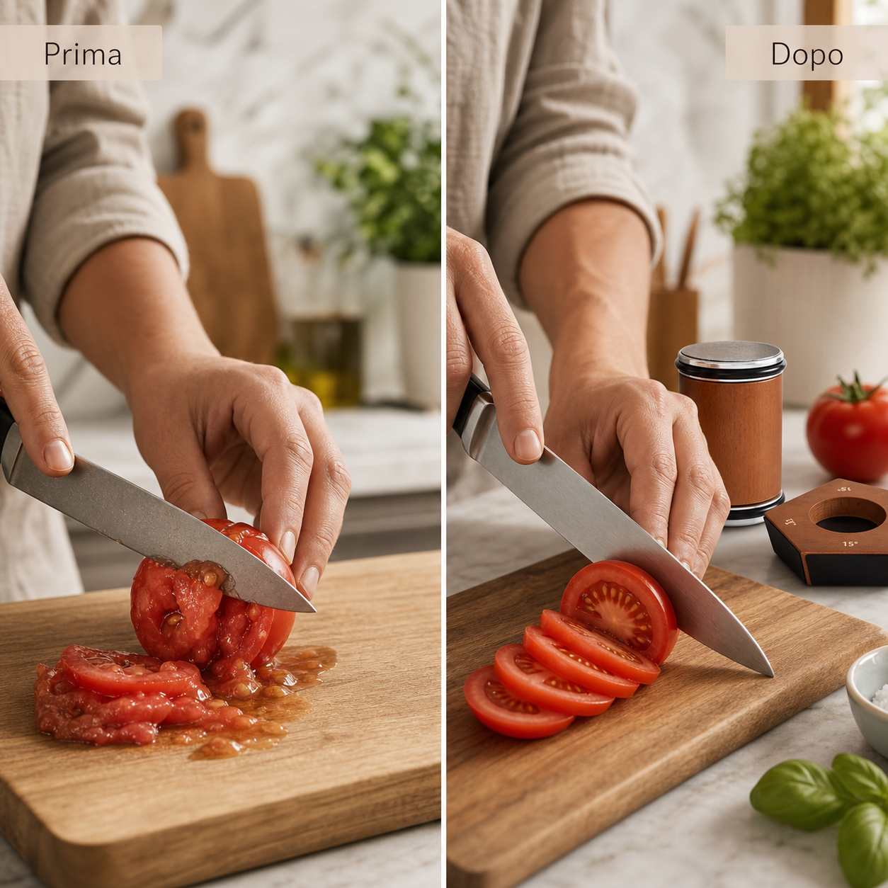 Prima e dopo: taglio pomodoro più pulito dopo affilatura controllata
