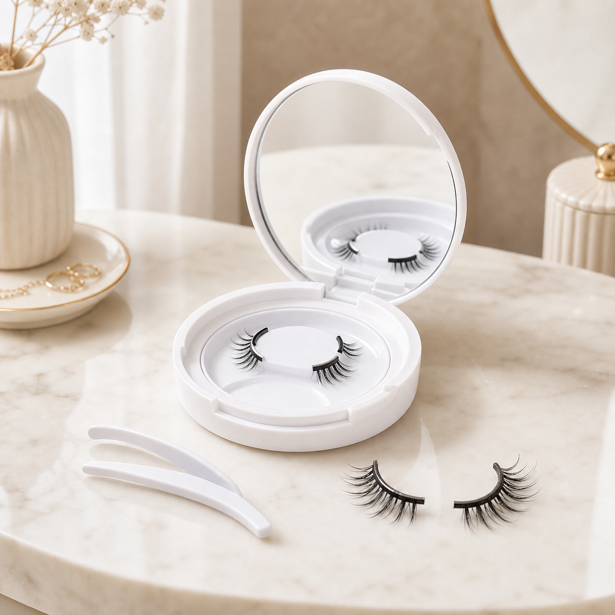 Ciglia magnetiche senza colla su vanity pulita con custodia e applicatore