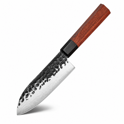 Coltello Santoku Forgiato in Acciaio AUS10 — Manico in Legno Mkuruti, con Fodero