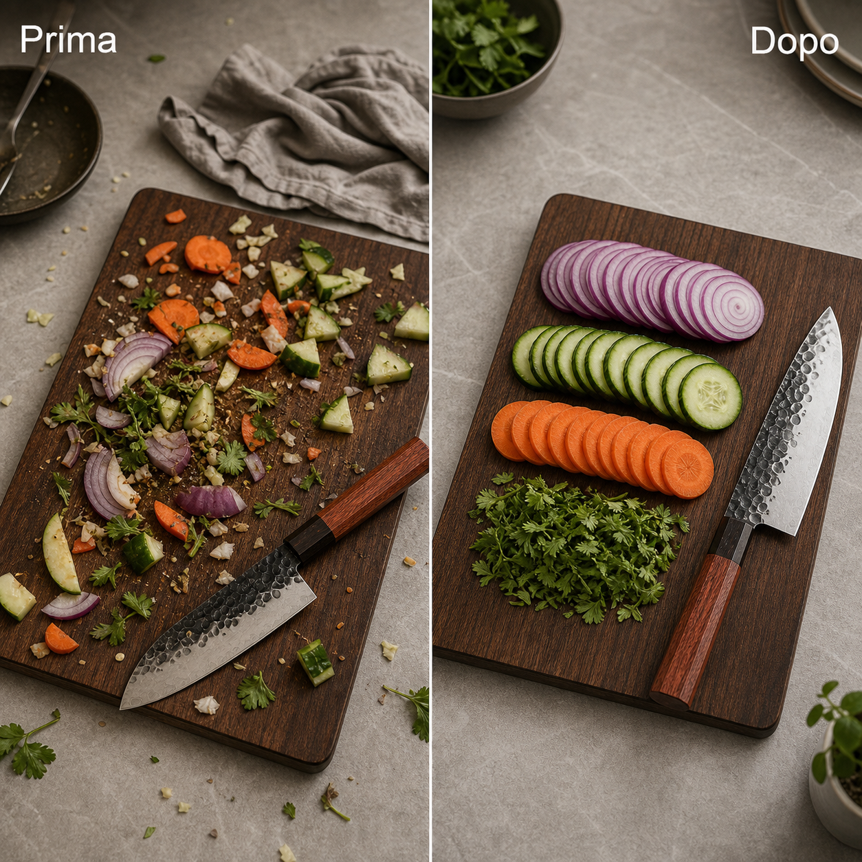 Prima e dopo: preparazione disordinata e tagli uniformi con Santoku