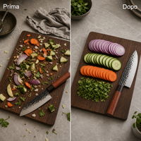 Prima e dopo: preparazione disordinata e tagli uniformi con Santoku
