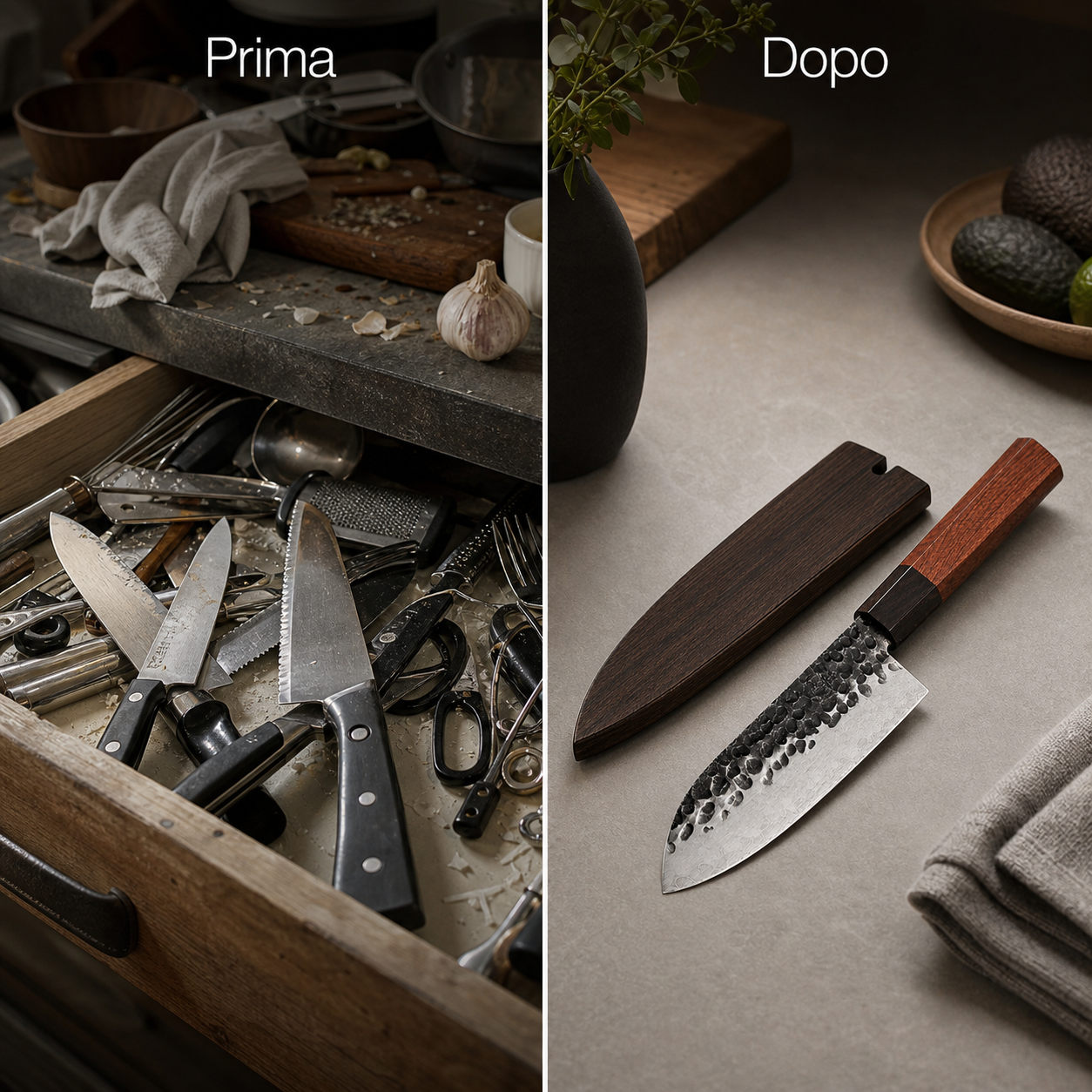 Prima e dopo: cassetto caotico e set Santoku ordinato con fodero
