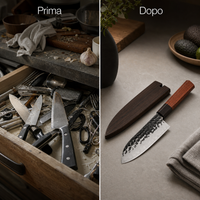 Prima e dopo: cassetto caotico e set Santoku ordinato con fodero