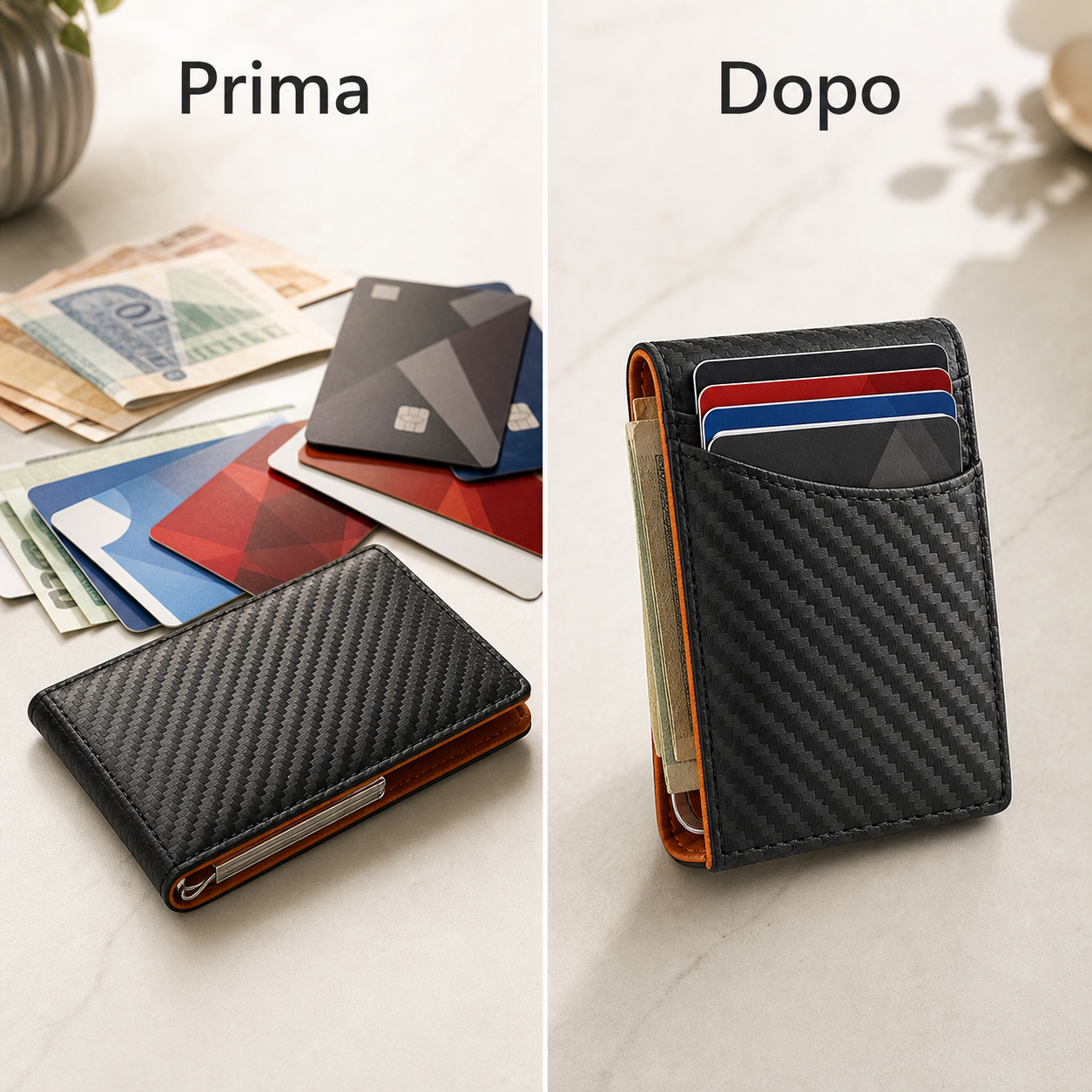 Prima e dopo: carte e contanti ordinati nel portafoglio slim