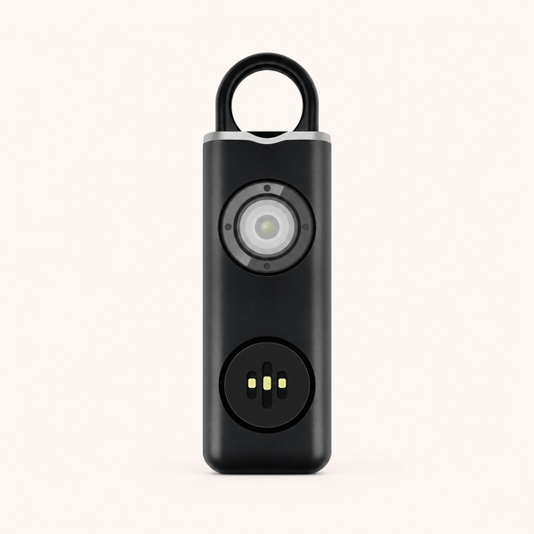 Allarme personale a strappo nero con torcia LED, vista frontale