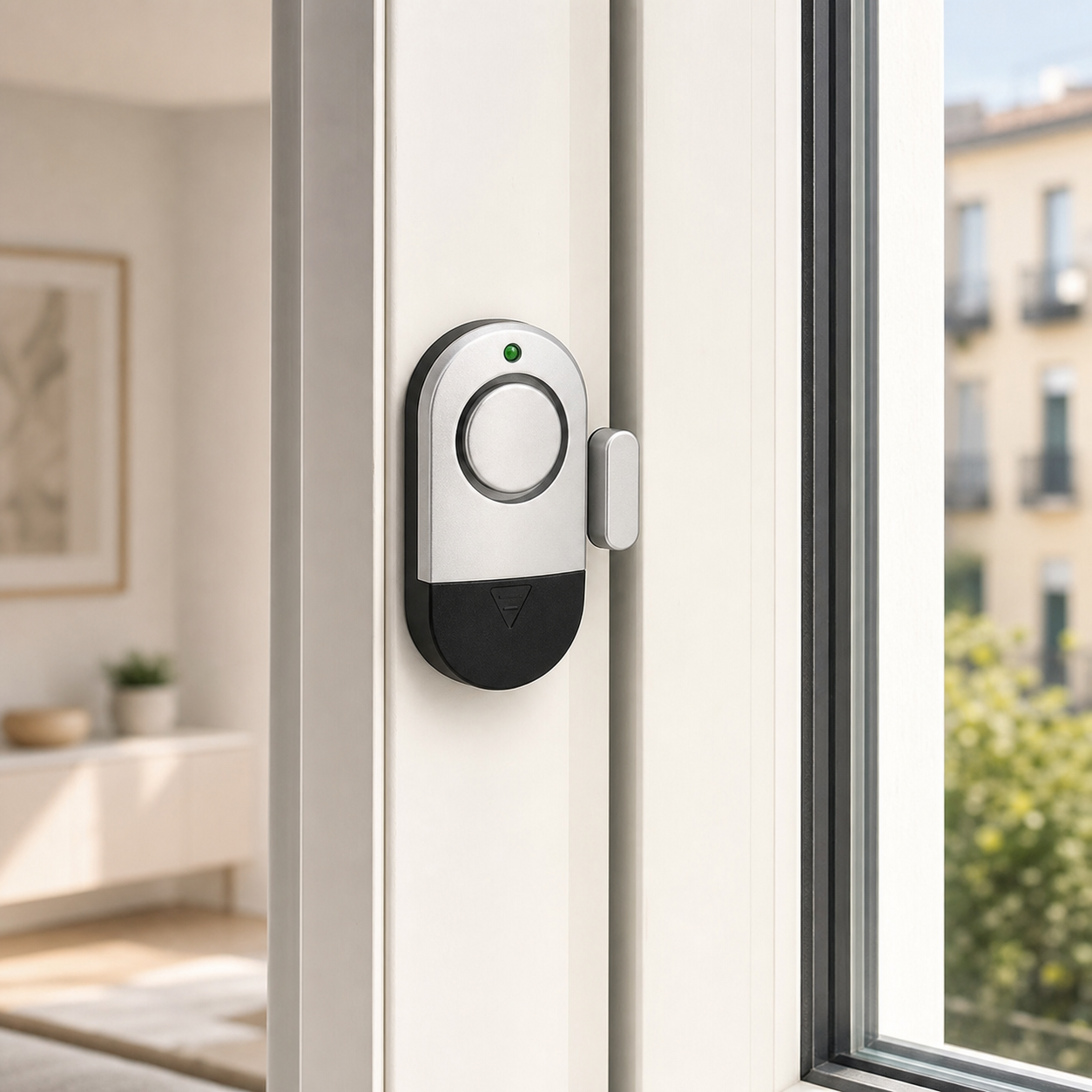 Allarme magnetico installato su una finestra moderna senza fili