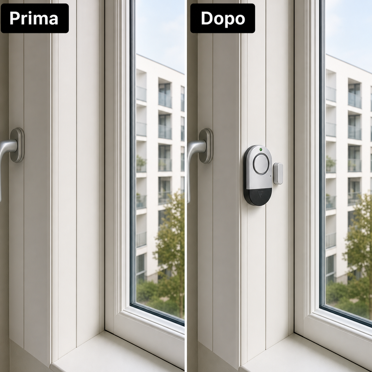Prima e dopo su una finestra: installazione del sensore magnetico