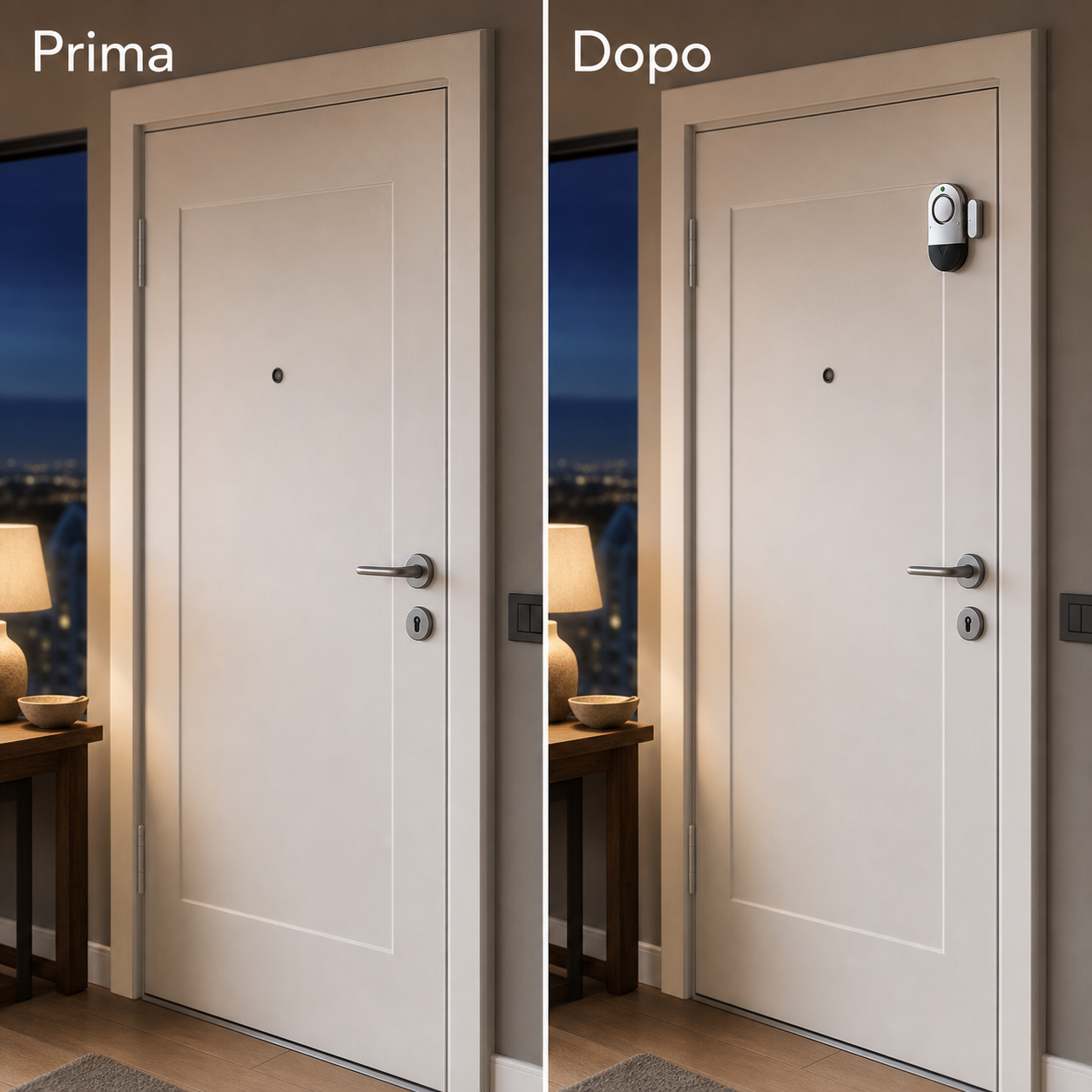 Prima e dopo su una porta: sensore magnetico installato senza fili