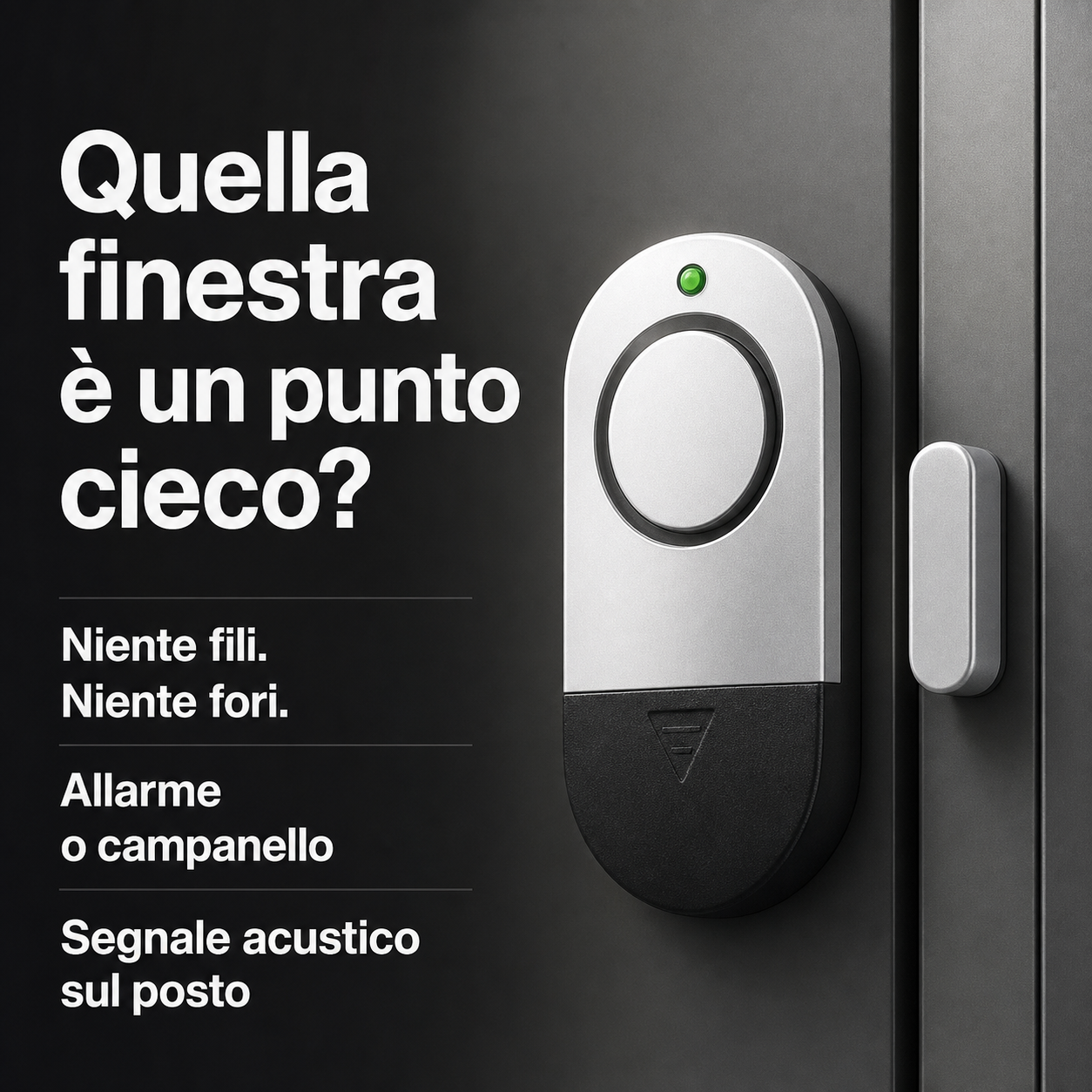 Sensore magnetico per porte e finestre con messaggi su installazione e segnale acustico