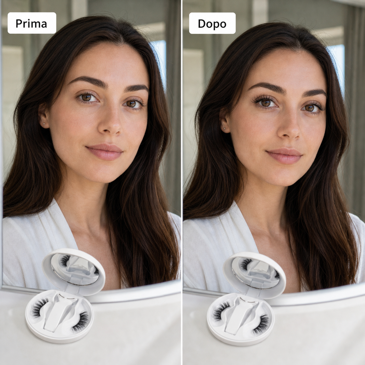 Look da viaggio prima e dopo con ciglia magnetiche Soft Natural