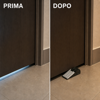 Prima e dopo: porta senza e con cuneo fermaporta con allarme