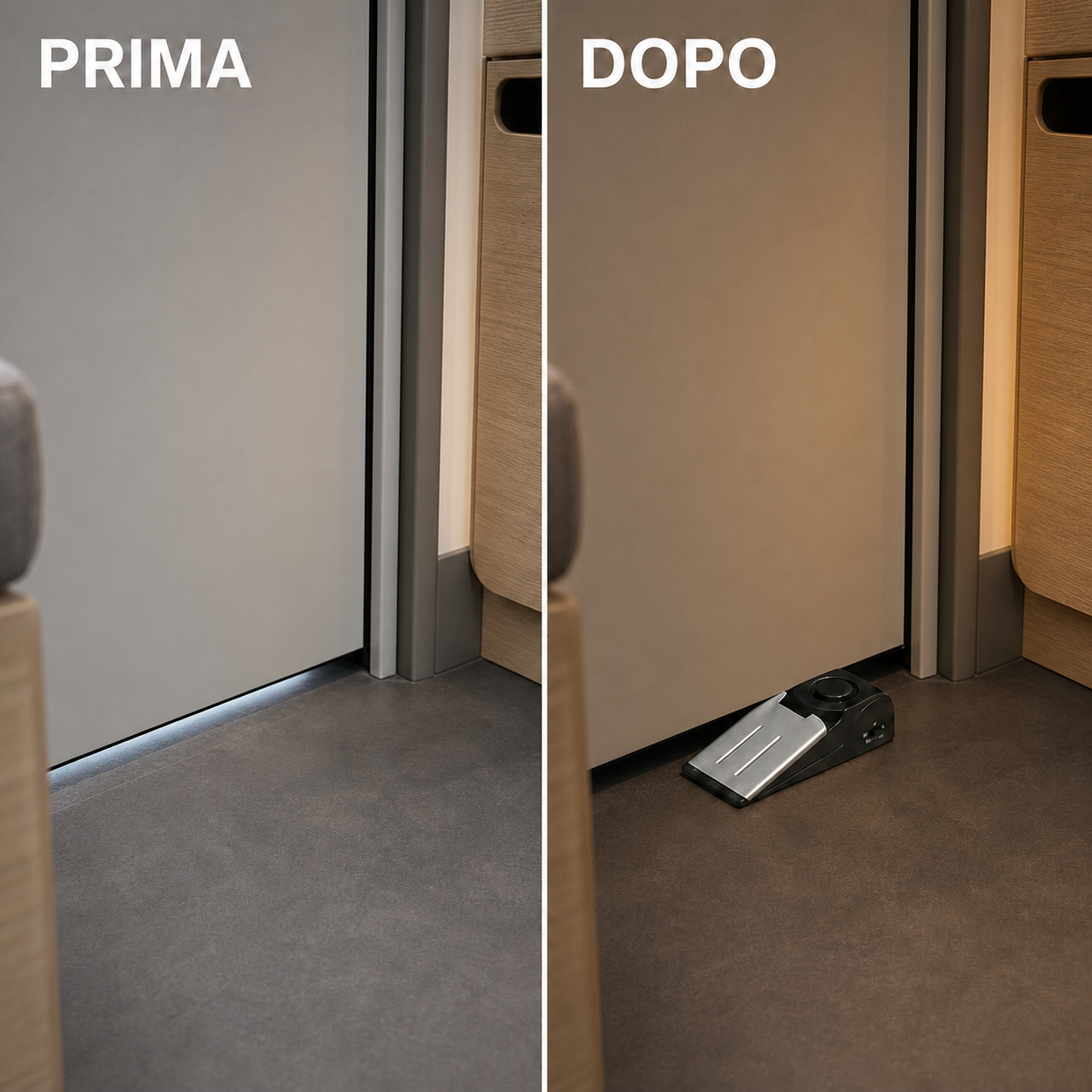 Prima e dopo in camper con cuneo fermaporta con allarme