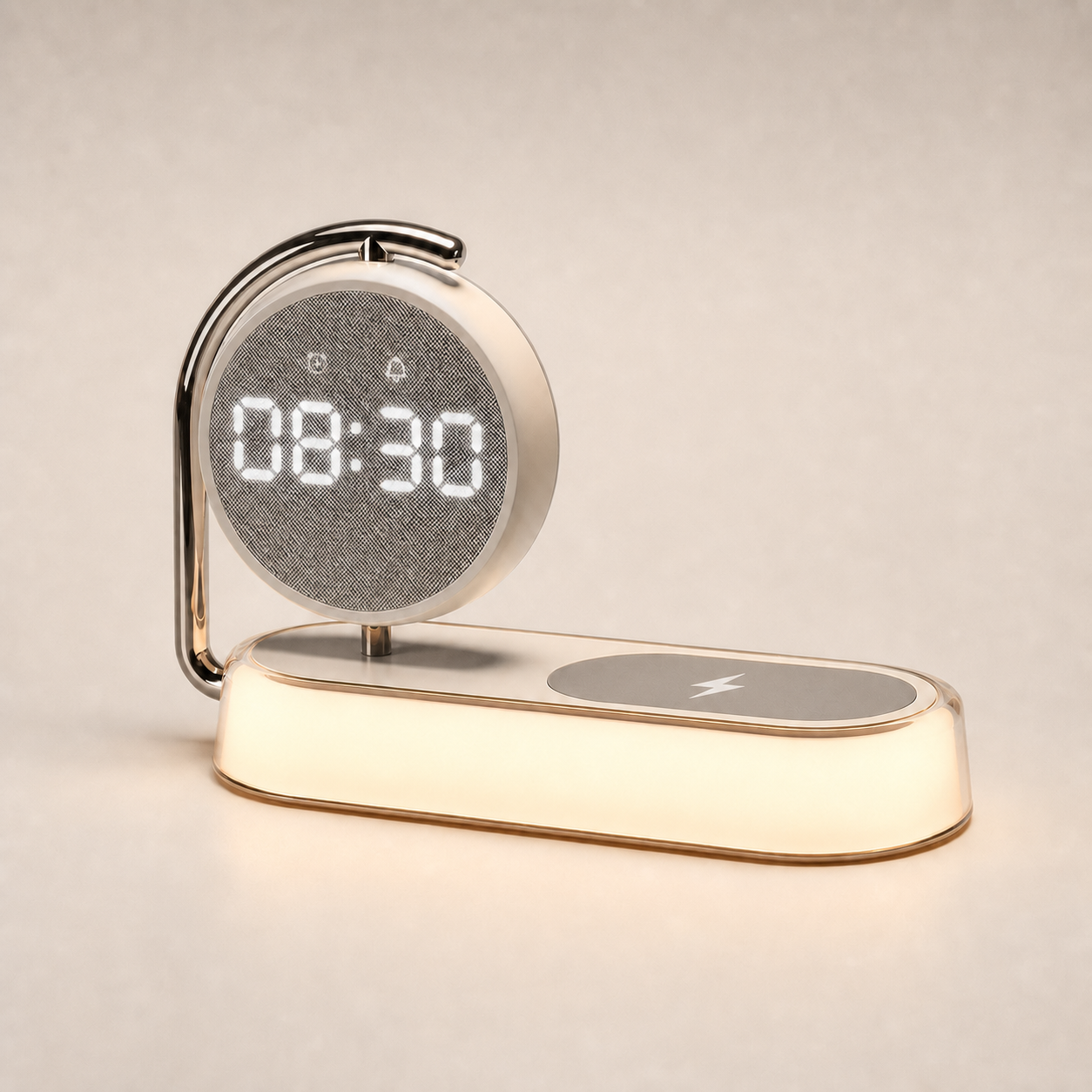 Lampada da comodino 3-in-1 con ricarica wireless, vista angolata