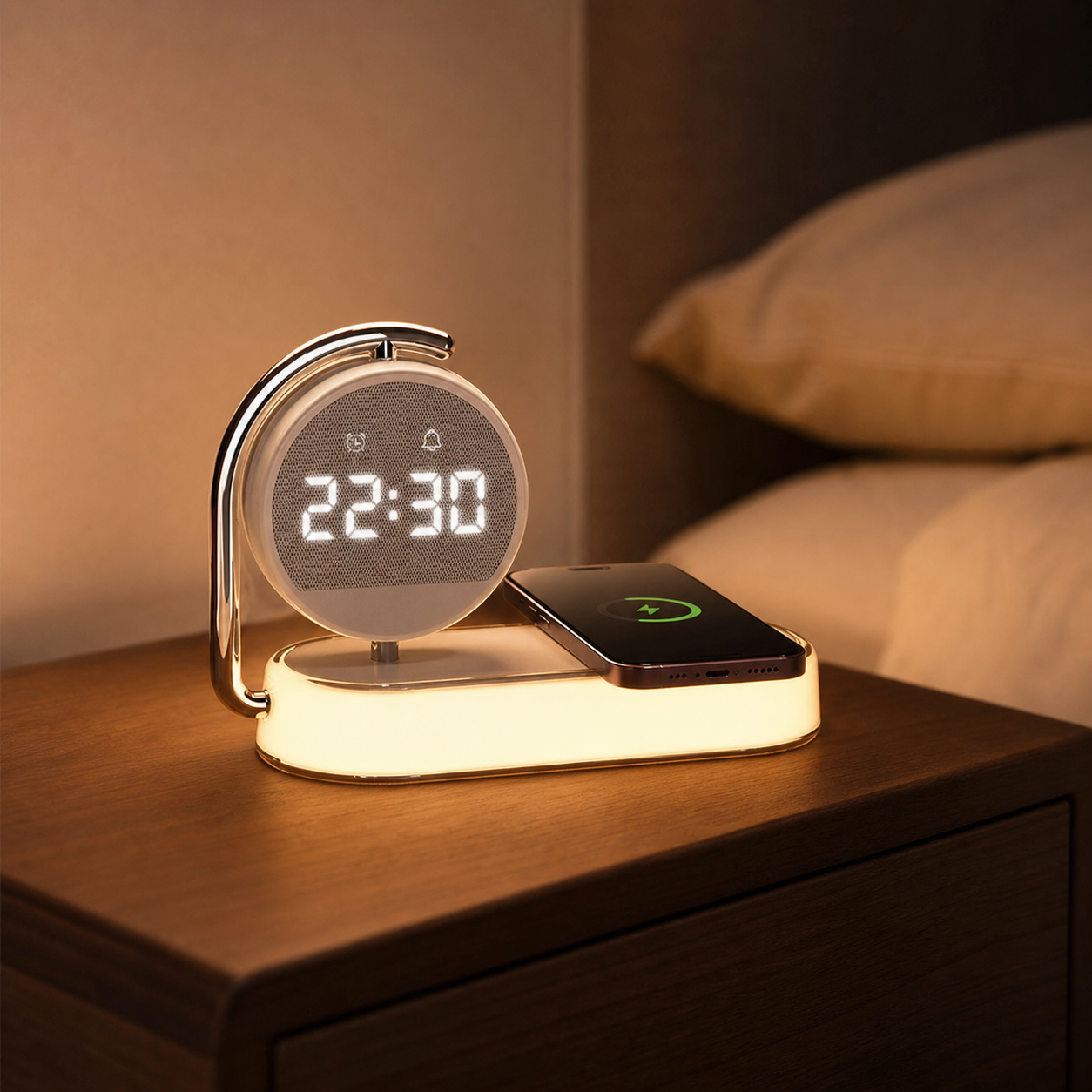 Lampada 3-in-1 con ricarica wireless su un comodino moderno