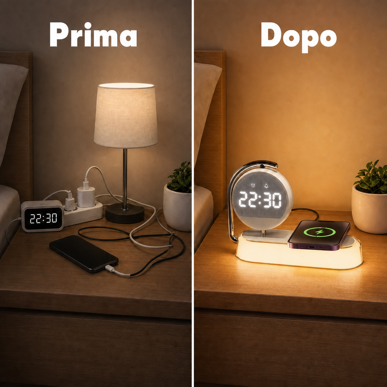 Prima e dopo: comodino ordinato con lampada e ricarica wireless 3-in-1