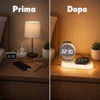Prima e dopo: comodino ordinato con lampada e ricarica wireless 3-in-1
