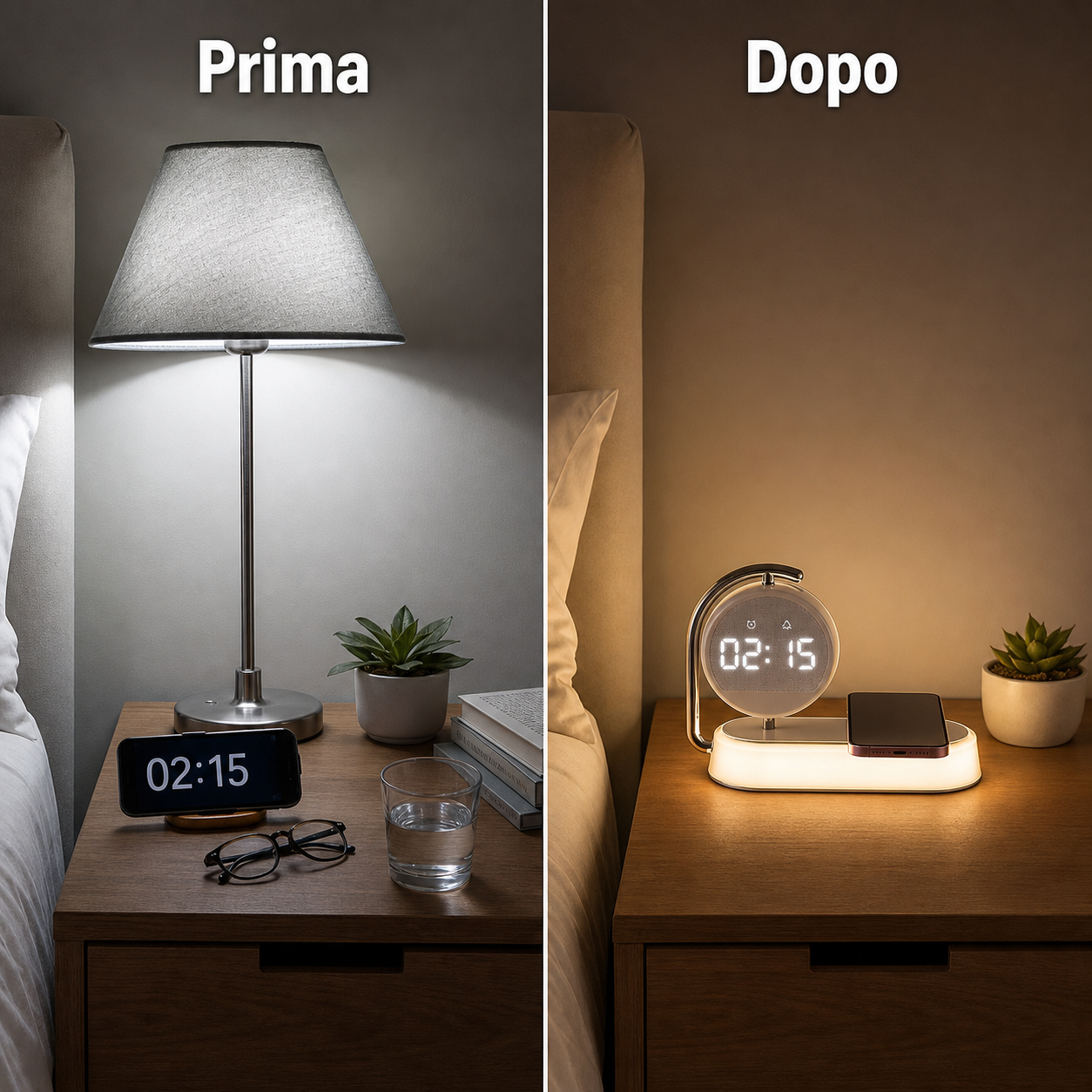 Prima e dopo: luce calda e orologio LED sul comodino