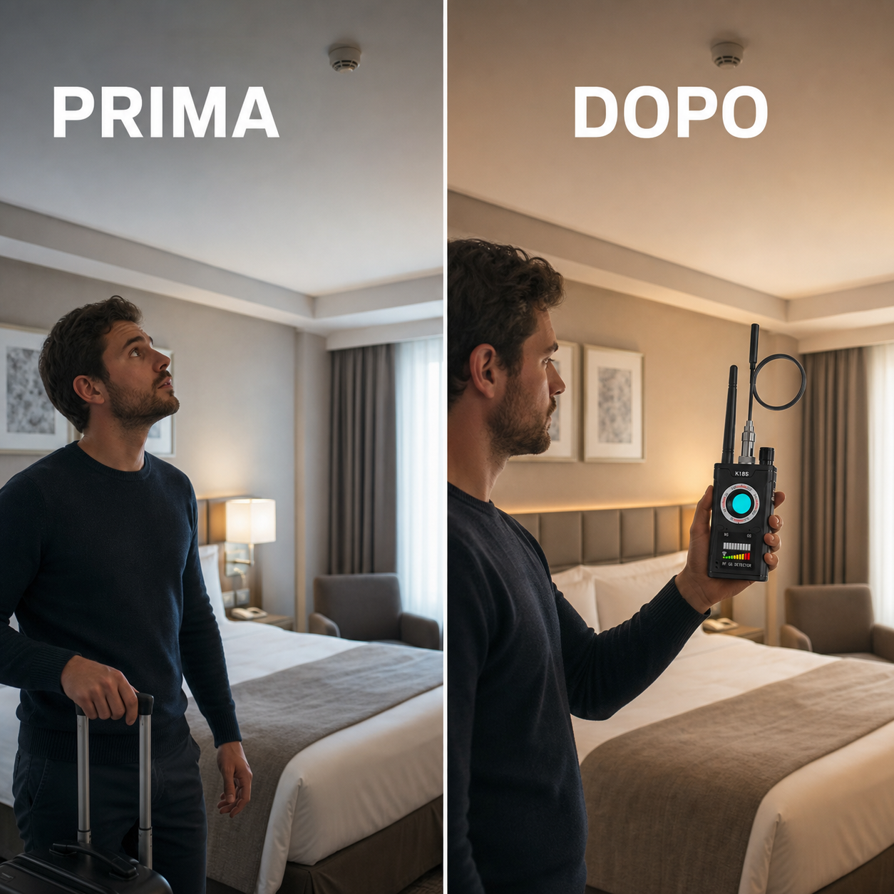 Prima e dopo: controllo della camera d'hotel con il rilevatore RF