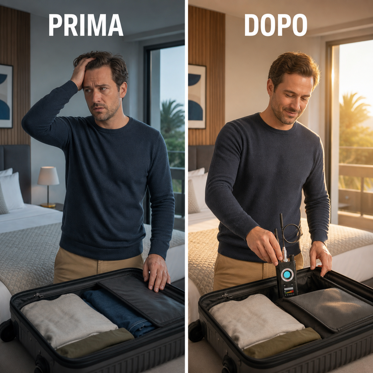Prima e dopo: controllo della stanza e rilevatore riposto nel bagaglio