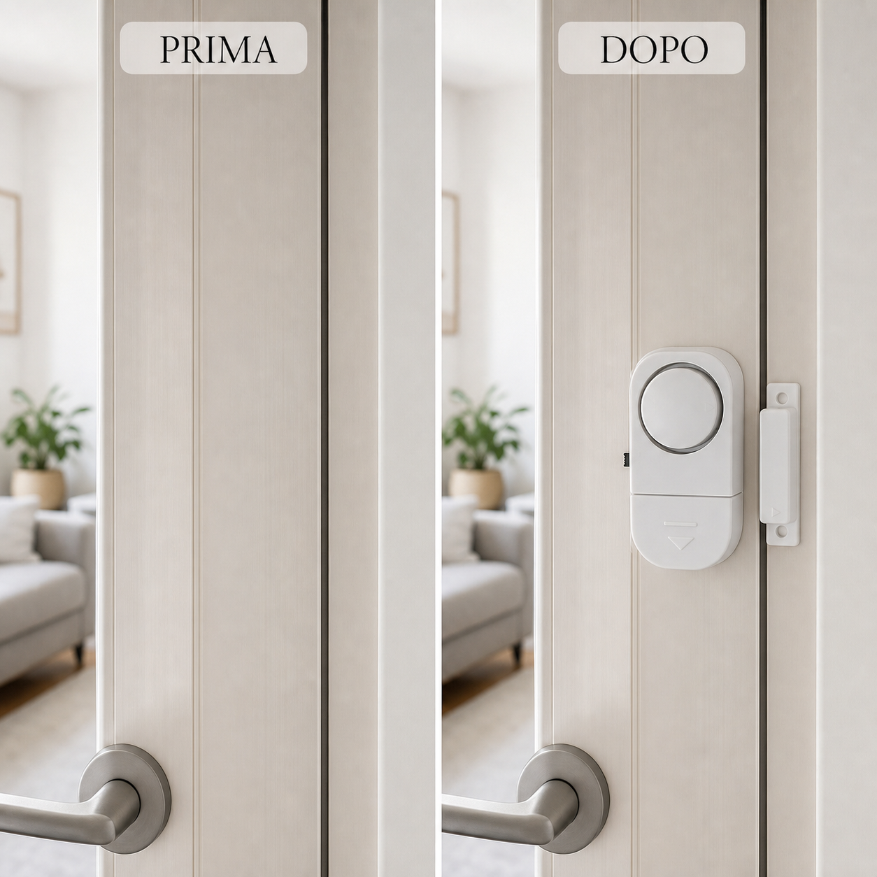 Prima e dopo: porta senza sensore e con allarme magnetico installato