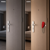 Prima e dopo — porta hotel con blocco da viaggio e allarme