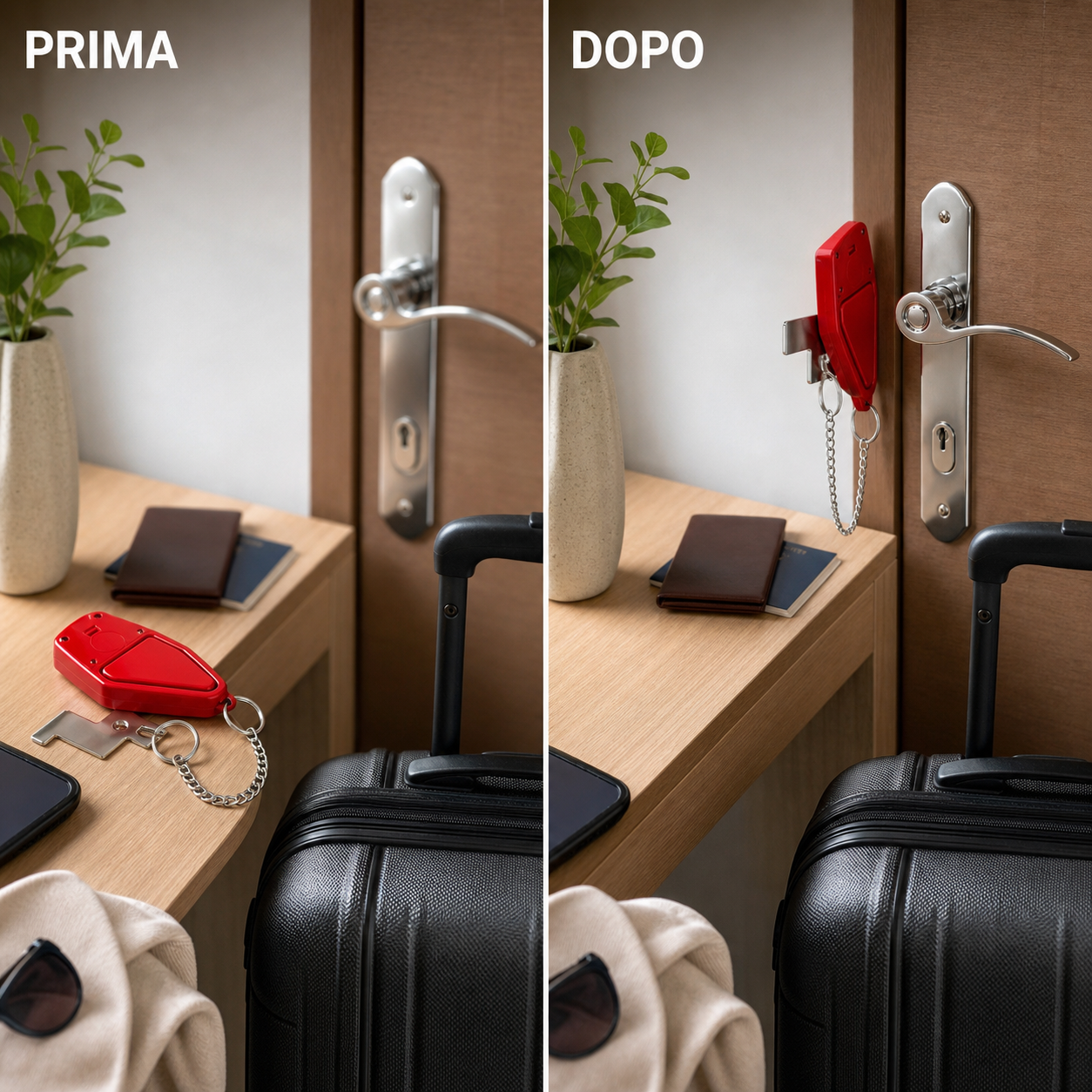 Prima e dopo — blocco porta da viaggio pronto all’uso