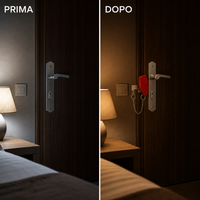Prima e dopo — routine serale con blocco porta da viaggio