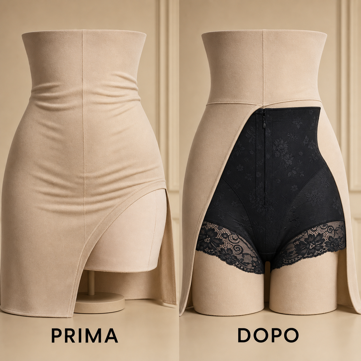 Confronto prima e dopo sul drappeggio liscio sotto i vestiti
