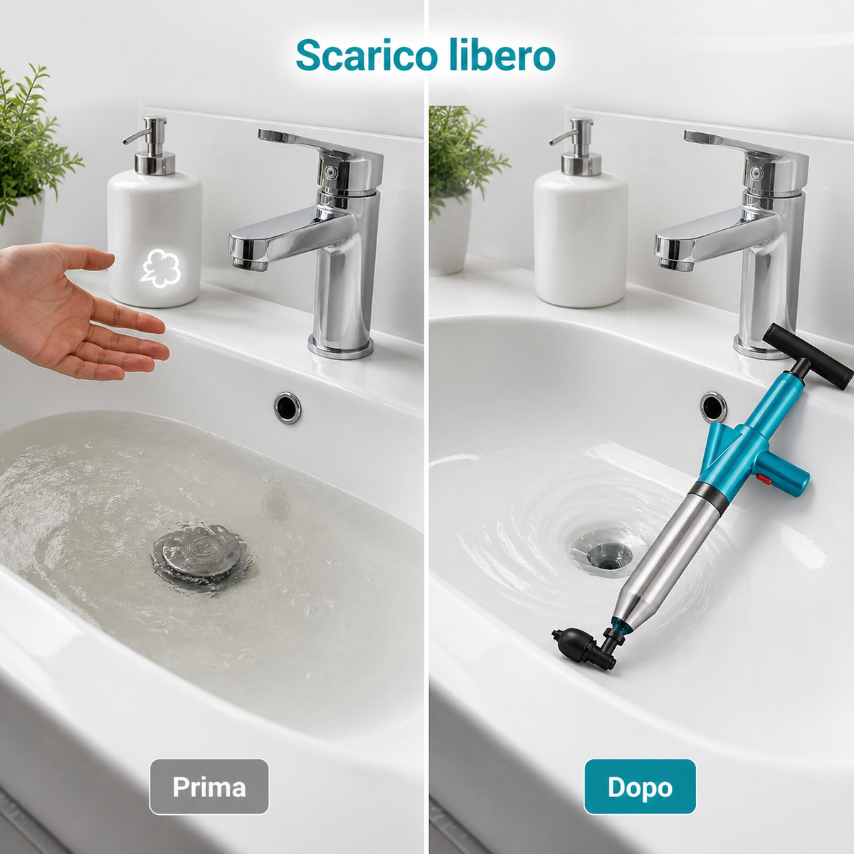 Prima e dopo: lavandino con scarico bloccato e scarico libero