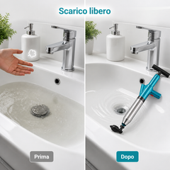 Prima e dopo: lavandino con scarico bloccato e scarico libero