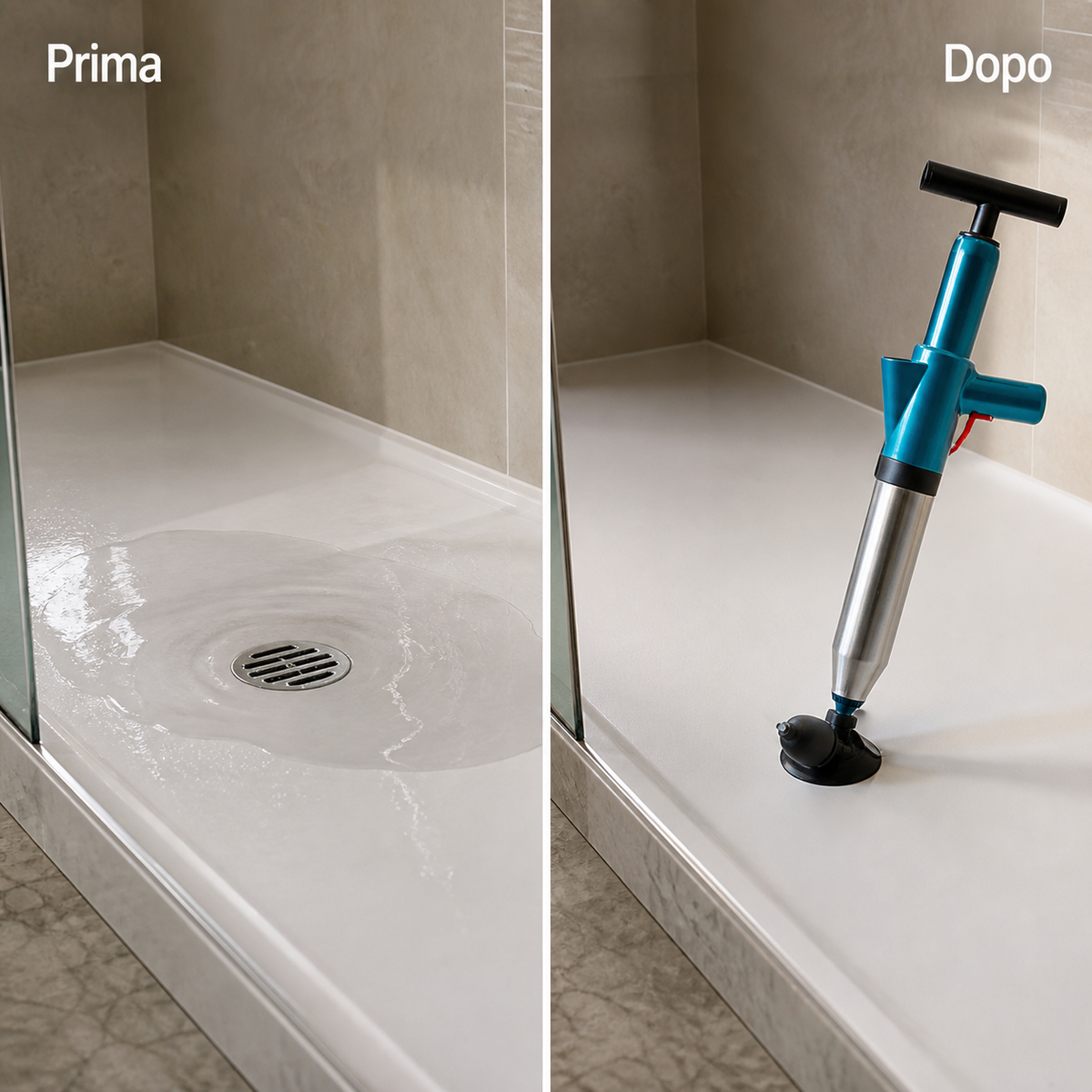 Prima e dopo: doccia con acqua ferma e scarico libero