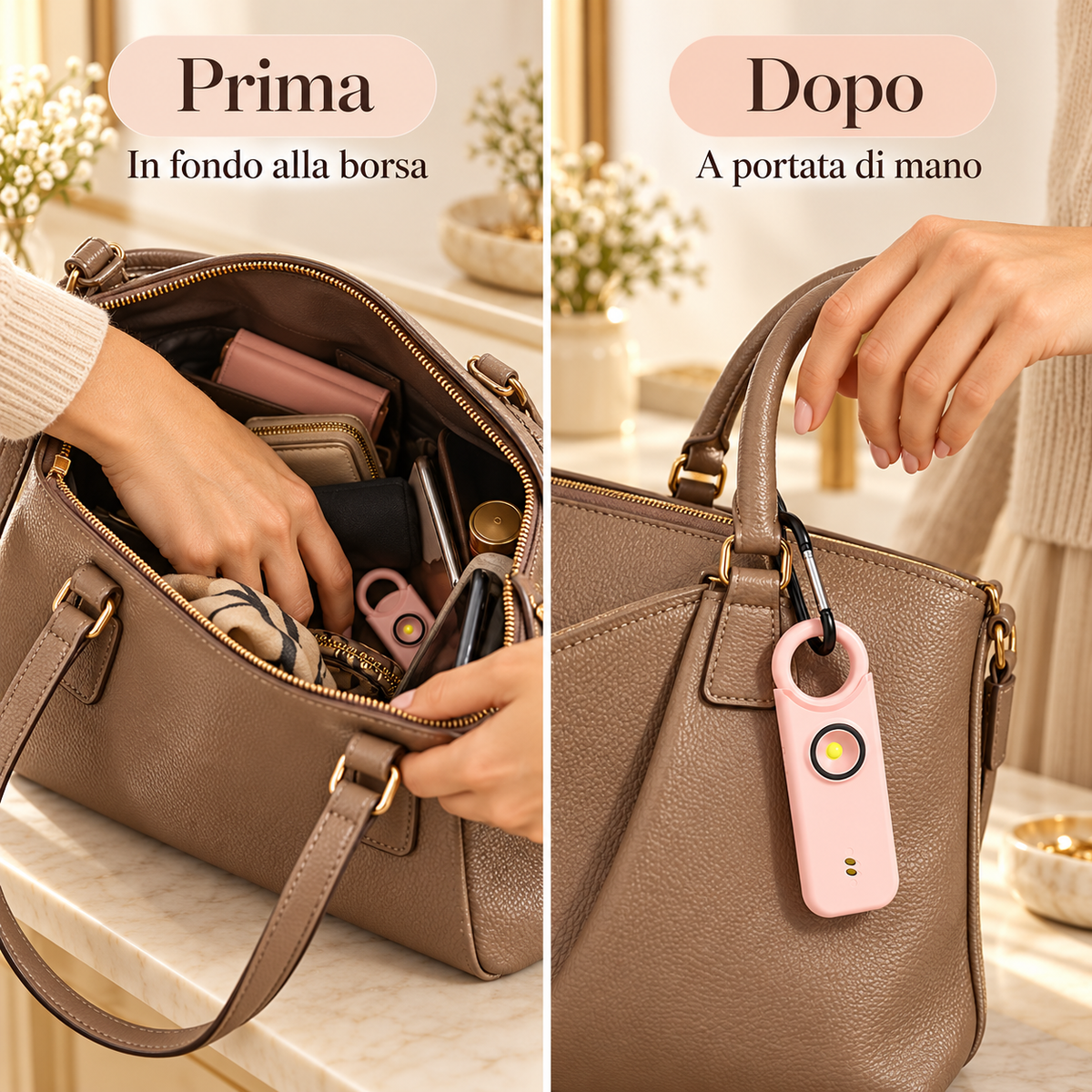 Prima e dopo: allarme dentro la borsa e agganciato all'esterno a portata di mano