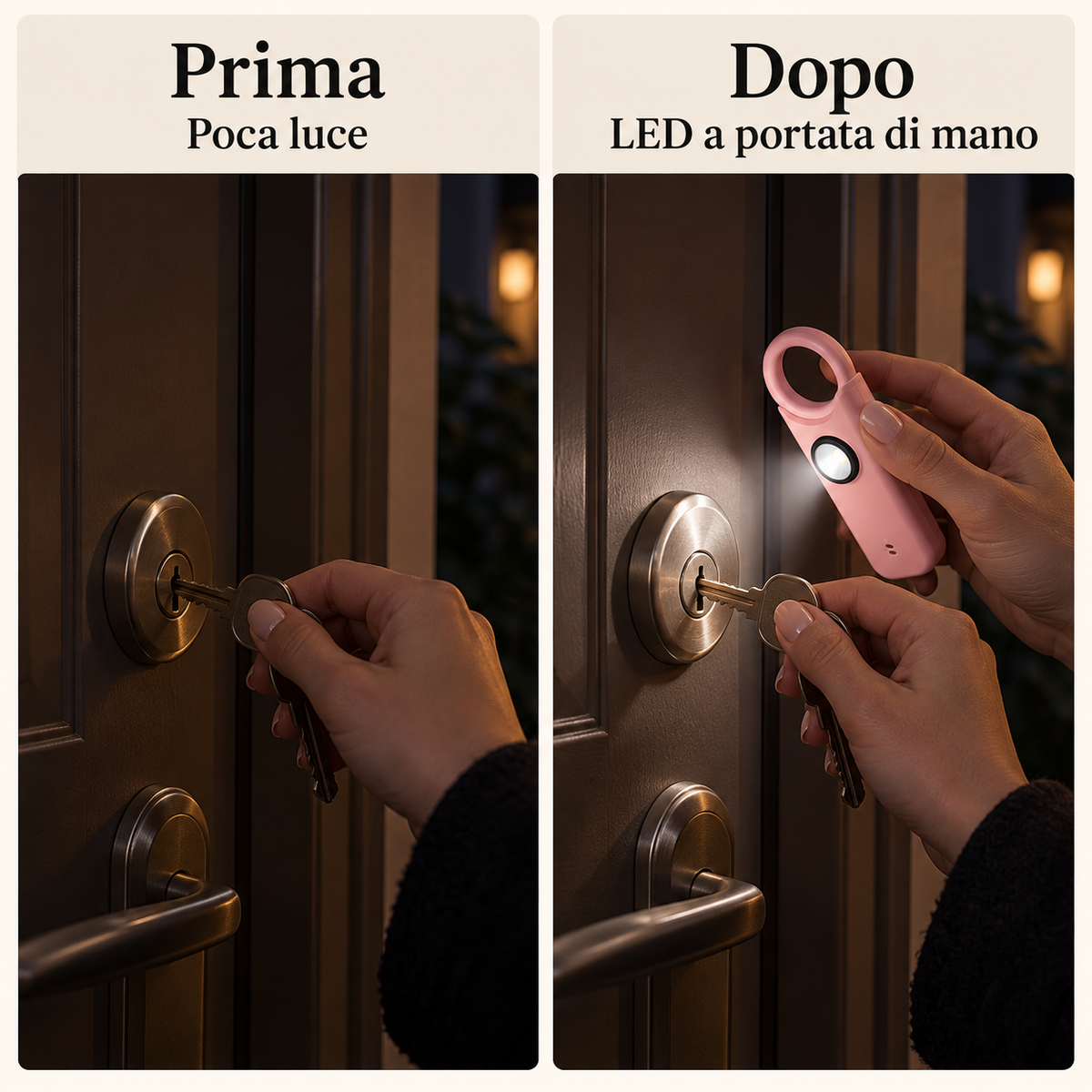 Prima e dopo: serratura con poca luce e illuminata dal LED dell'allarme