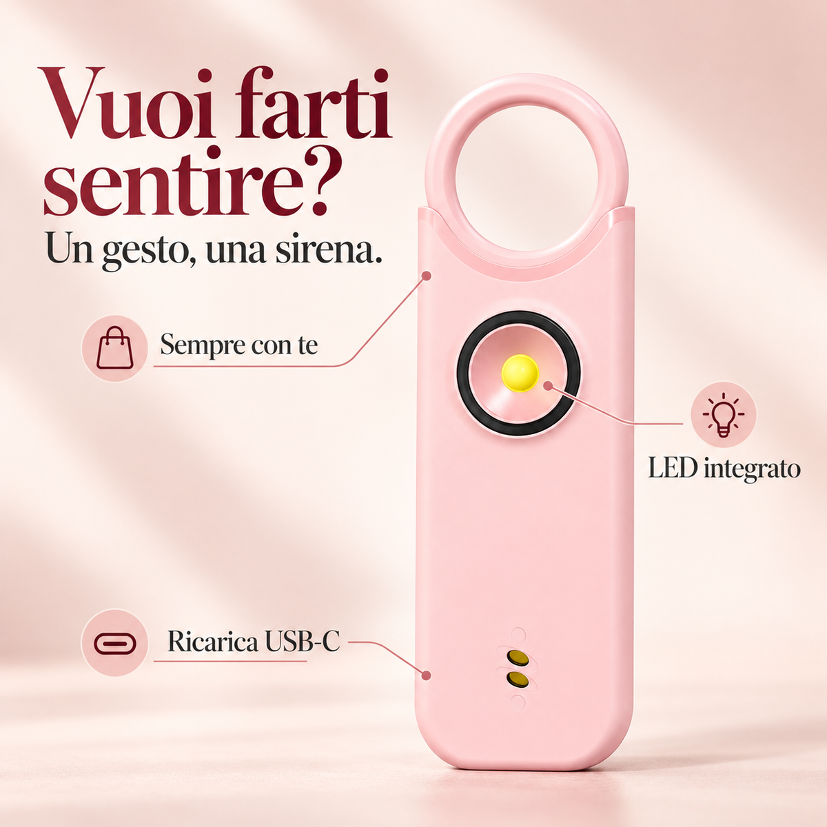Allarme personale rosa con sirena, LED integrato e ricarica USB-C