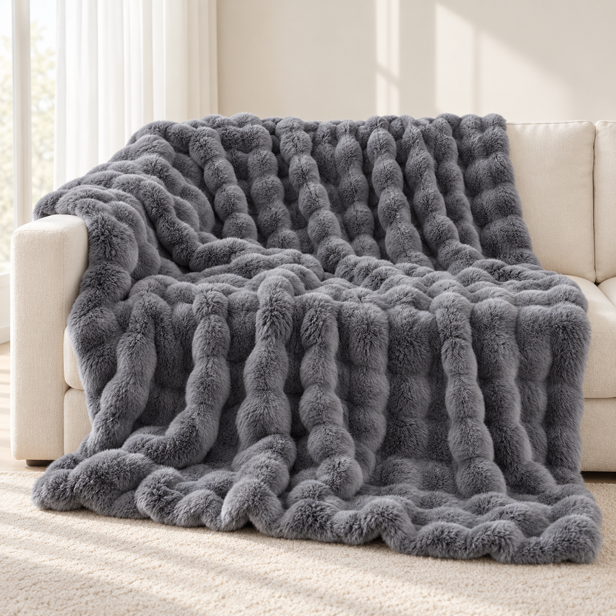 Coperta Nuvola grigia drappeggiata su un divano crema