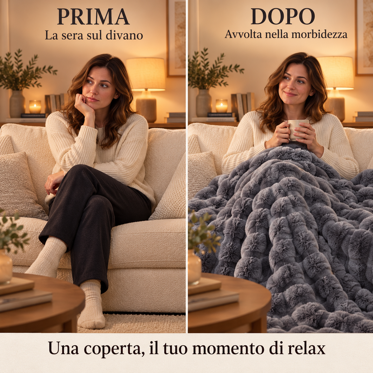 Prima e dopo: una sera sul divano e un momento di relax avvolta nella coperta Nuvola