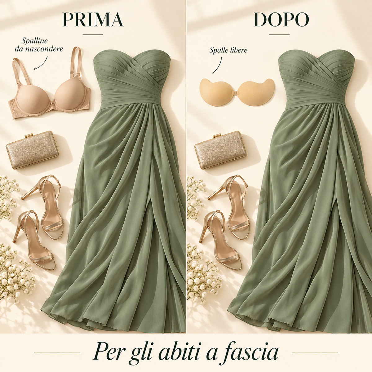 Prima e dopo: abito a fascia con spalline da nascondere e reggiseno adesivo senza spalline