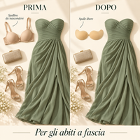 Prima e dopo: abito a fascia con spalline da nascondere e reggiseno adesivo senza spalline