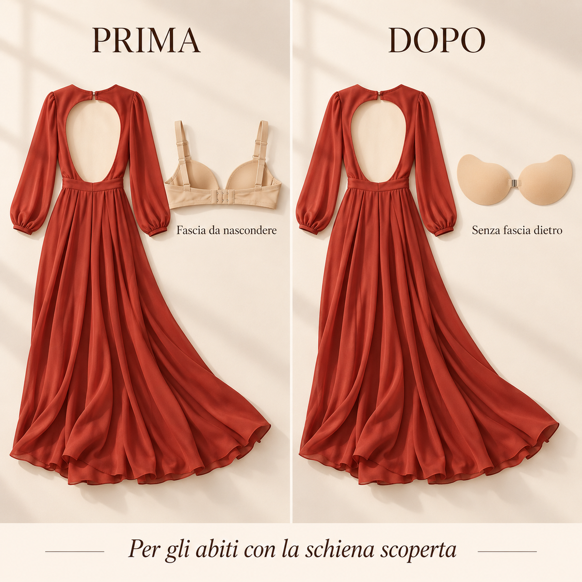 Prima e dopo: abito con schiena scoperta e scelta di un reggiseno senza fascia dietro