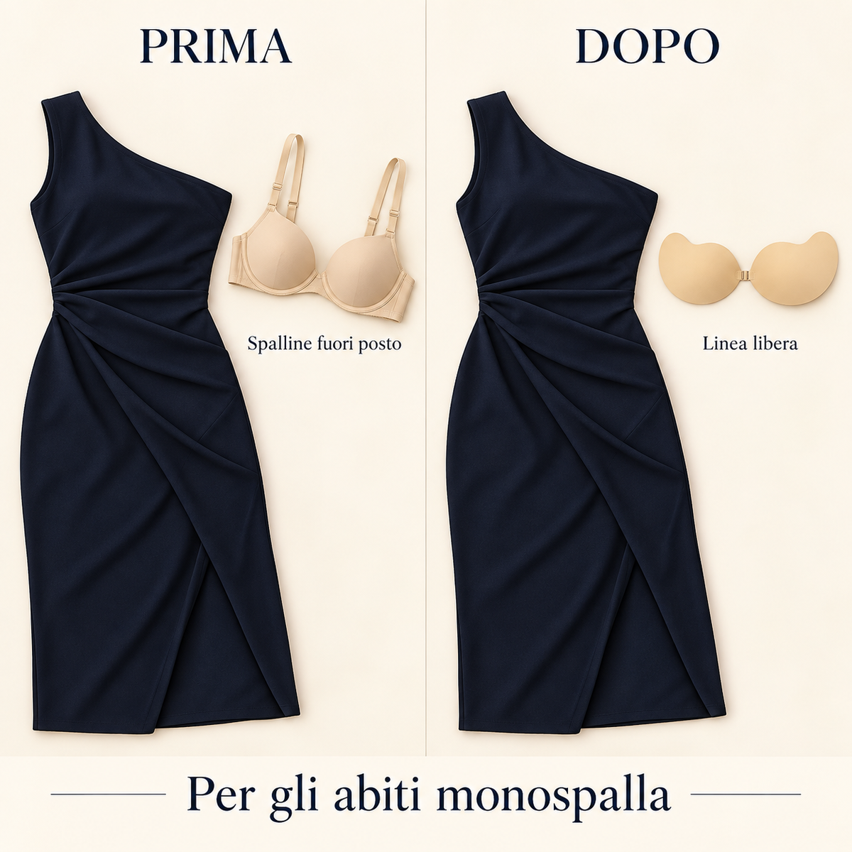 Prima e dopo: reggiseno adesivo senza spalline per abiti monospalla