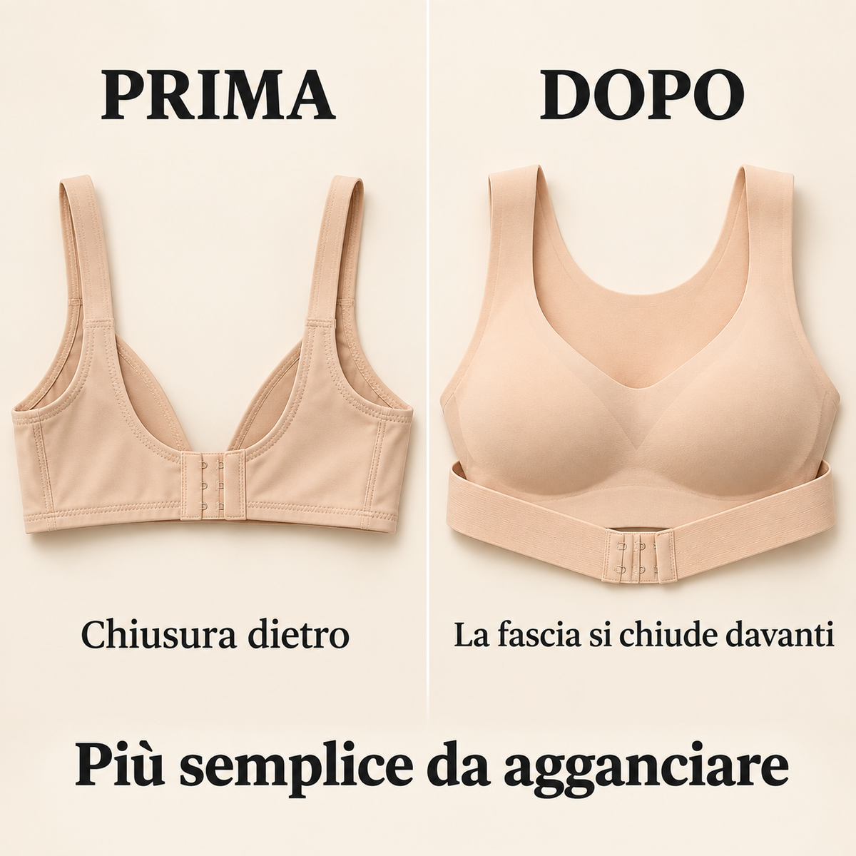 Prima e dopo: chiusura tradizionale dietro e fascia del reggiseno posturale che si aggancia davanti