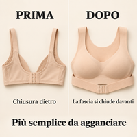 Prima e dopo: chiusura tradizionale dietro e fascia del reggiseno posturale che si aggancia davanti