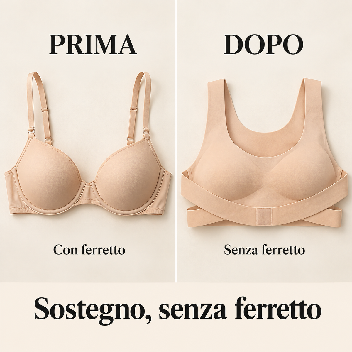 Prima e dopo: reggiseno con ferretto e modello posturale senza ferretto
