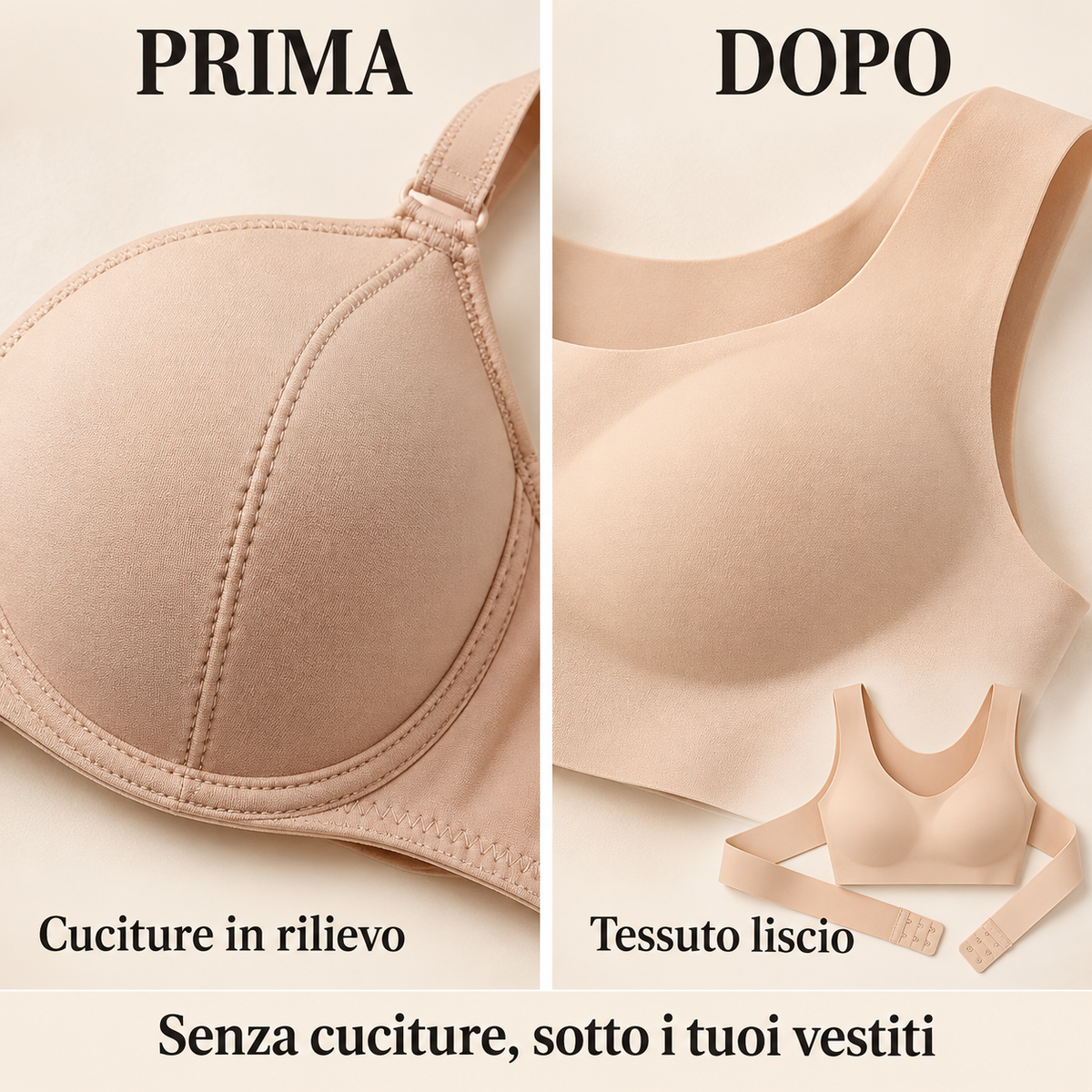 Prima e dopo: cuciture in rilievo e tessuto liscio del reggiseno posturale senza cuciture
