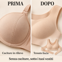 Prima e dopo: cuciture in rilievo e tessuto liscio del reggiseno posturale senza cuciture
